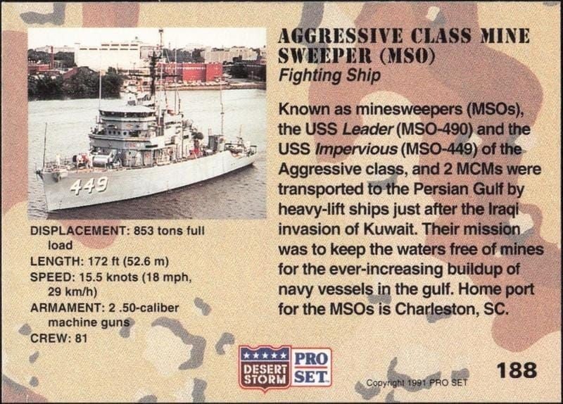 1991 Pro Set Desert Storm Aggressive Class Mine Sweeper (MSO) #188 military trading card back
