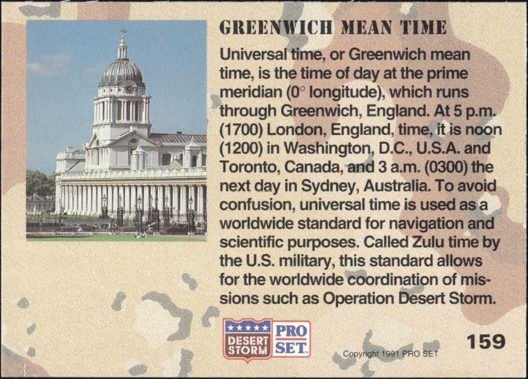 1991 Pro Set Desert Storm Greenwich Mean Time #159 military trading card back