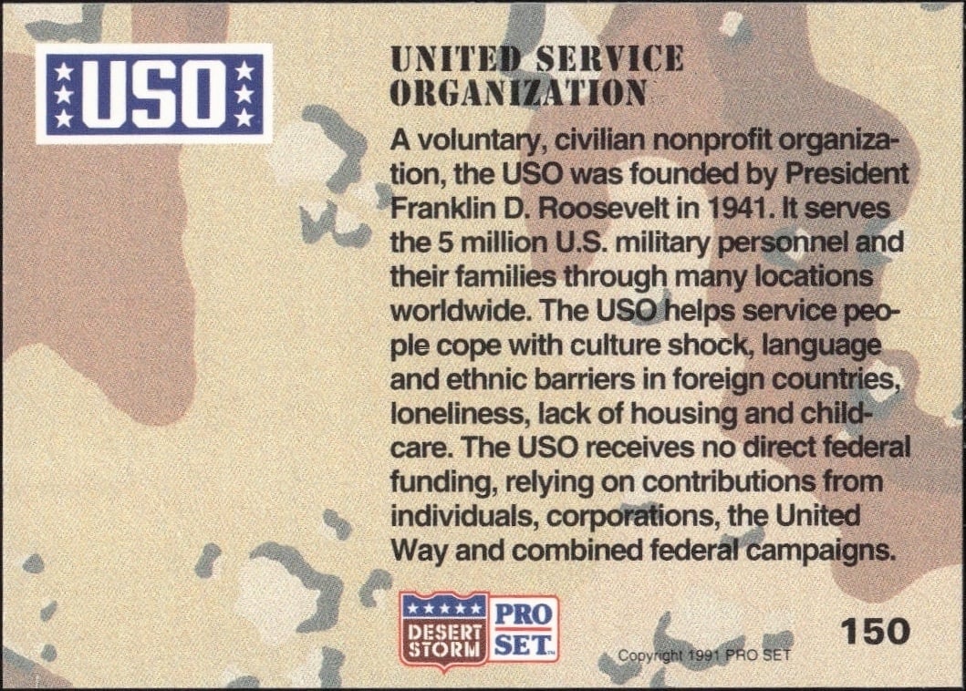 1991 Pro Set Desert Storm United Service Organization #150 military trading card back