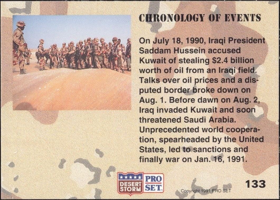 1991 Pro Set Desert Storm Choronology Of Events #133 military trading card back