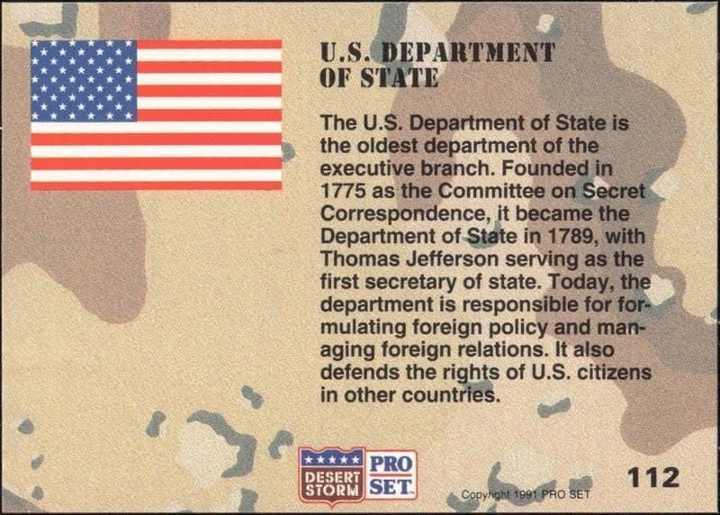 1991 Pro Set Desert Storm Department of State #112 military trading card back