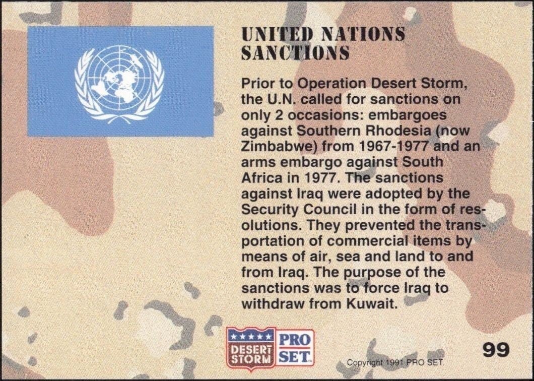 1991 Pro Set Desert Storm United Nations Sanctions #99 military trading card back