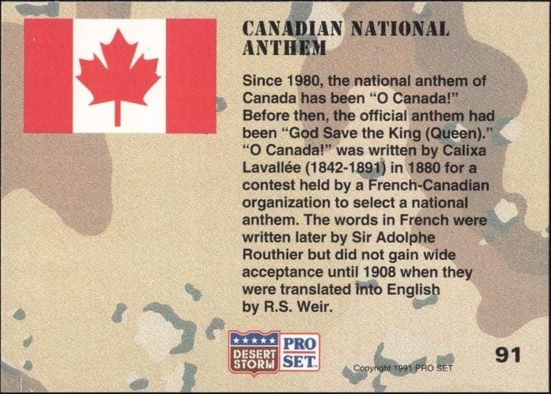 1991 Pro Set Desert Storm Canadian National Anthem #91 military trading card back