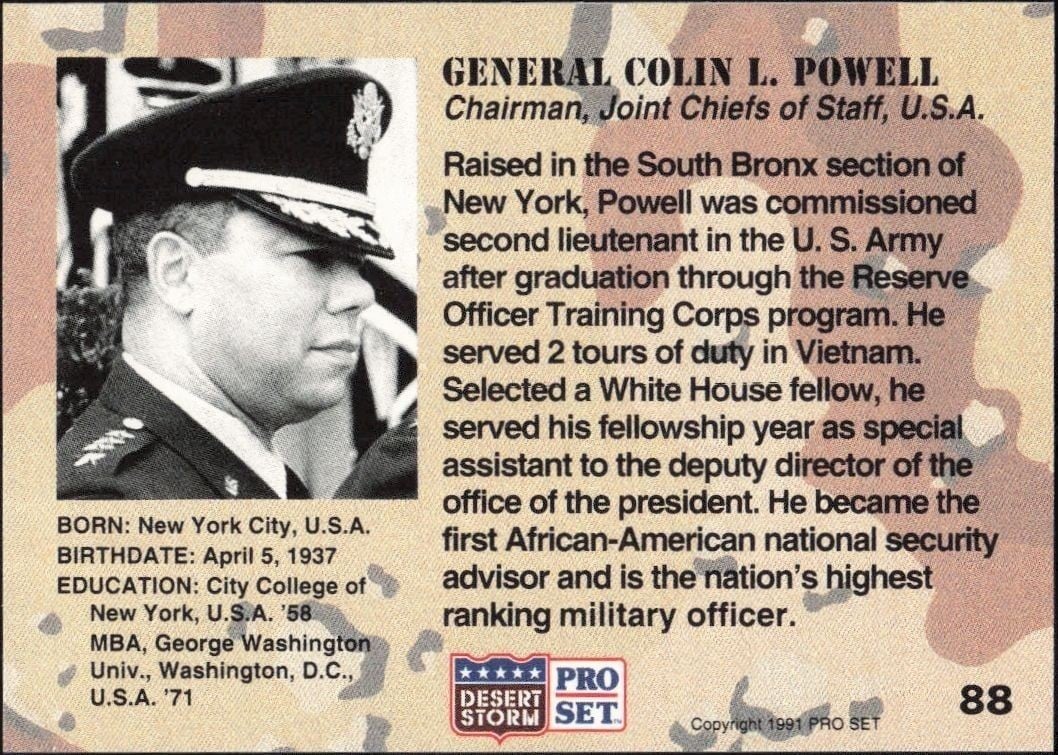 1991 Pro Set Desert Storm General Colin L. Powell #88 military trading card back