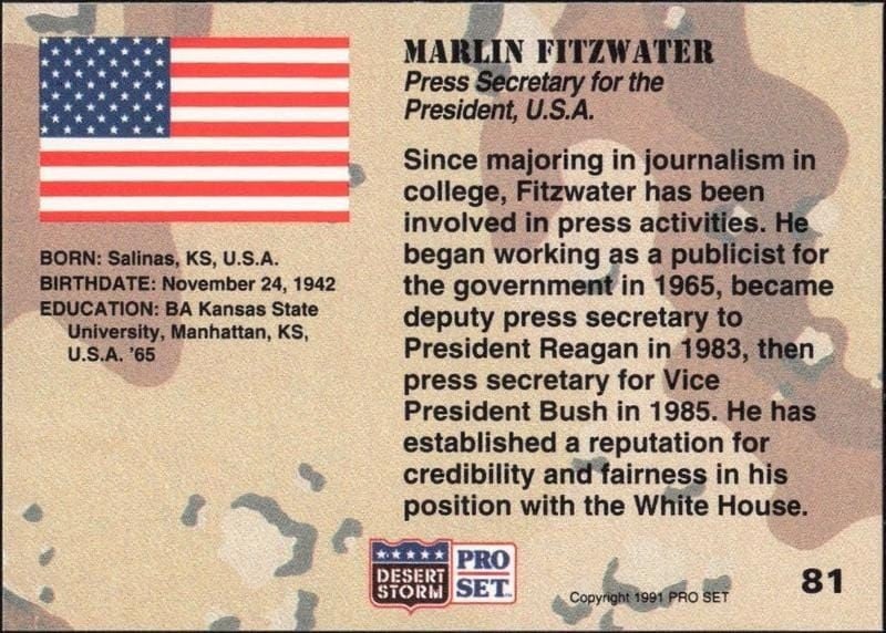1991 Pro Set Desert Storm Marlin Fitzwater #81 military trading card back