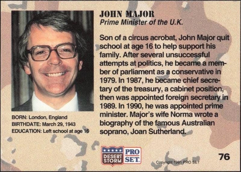 1991 Pro Set Desert Storm John Major #76 military trading card back