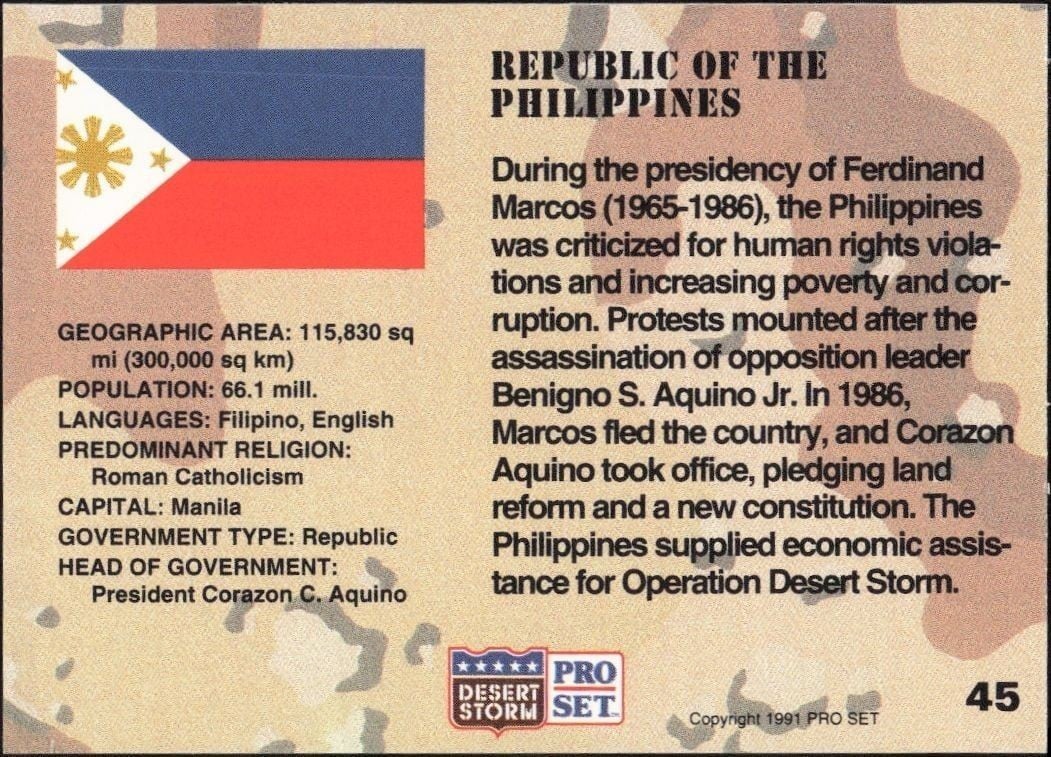 1991 Pro Set Desert Storm Philippines #45 military trading card back