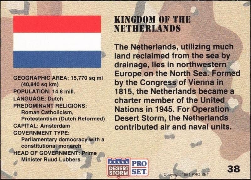 1991 Pro Set Desert Storm Netherland #38 military trading card back