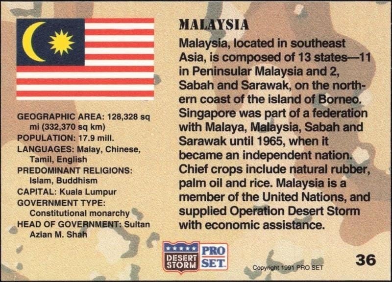 1991 Pro Set Desert Storm Malaysia #36 military trading card back