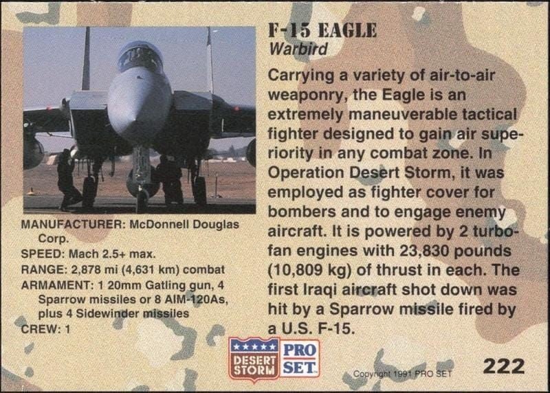 1991 Pro Set Desert Storm F-15 Eagle #222 military trading card back