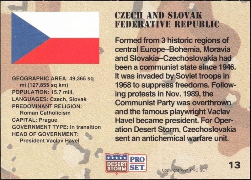1991 Pro Set Desert Storm Czechoslovakia #13 military trading card back