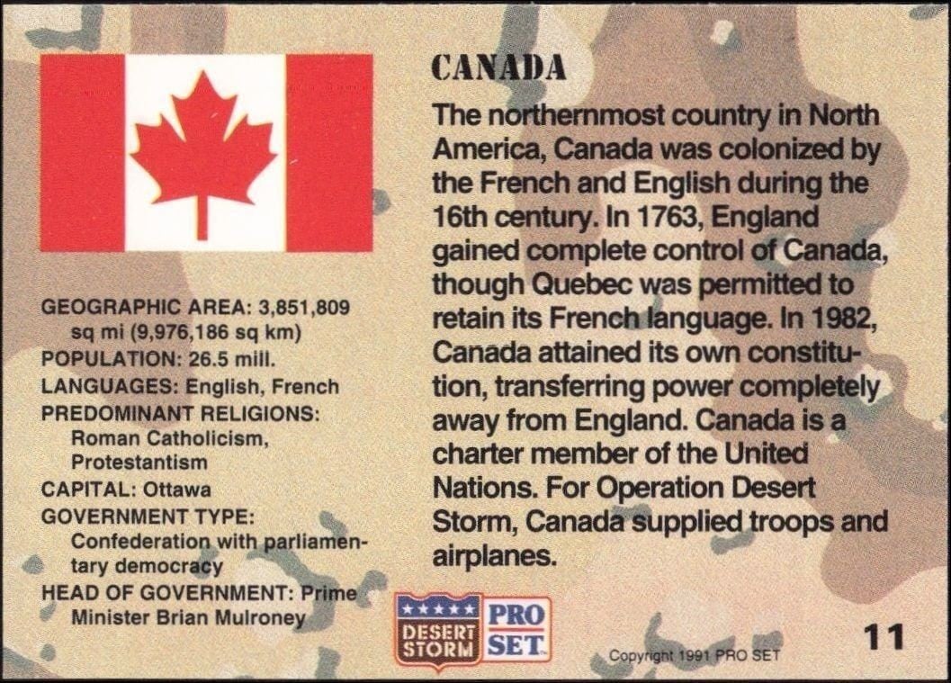 1991 Pro Set Desert Storm Canada #11 military trading card back