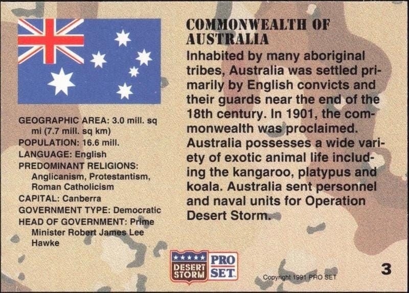 1991 Pro Set Desert Storm Australia #3 military trading card back