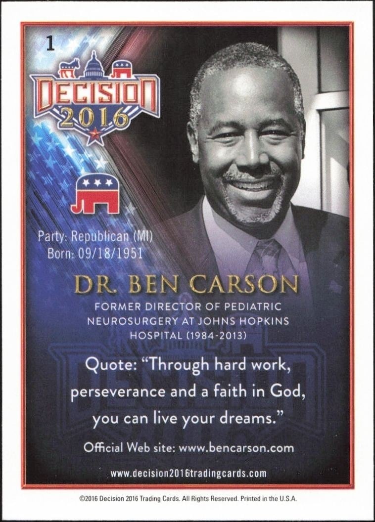 2016 Leaf Decision Dr. Ben Carson #1 political trading card back