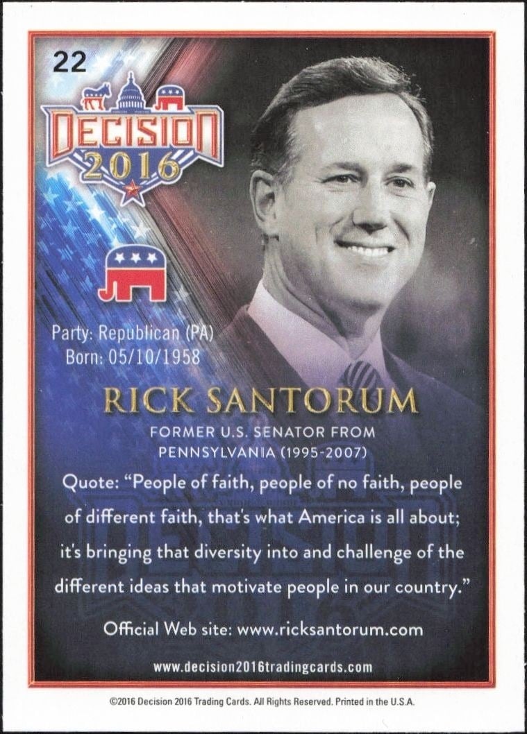 2016 Leaf Decision Rick Santorum #22 political trading card back