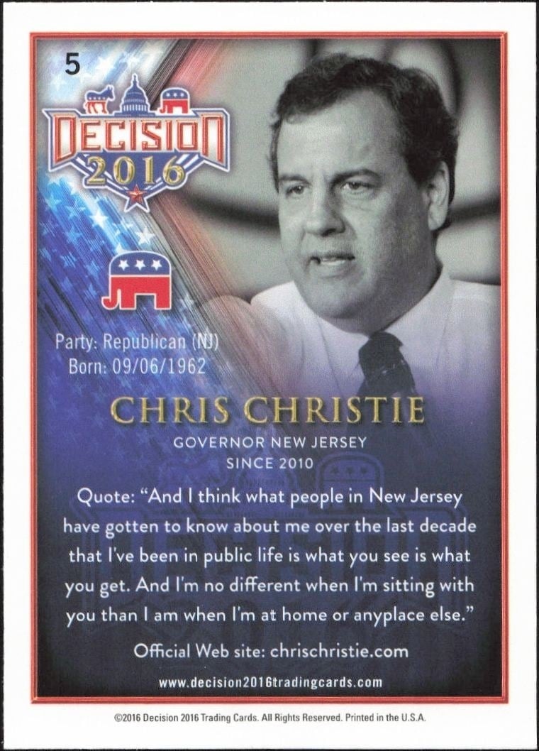 2016 Leaf Decision Chris Christie #5 political trading card back