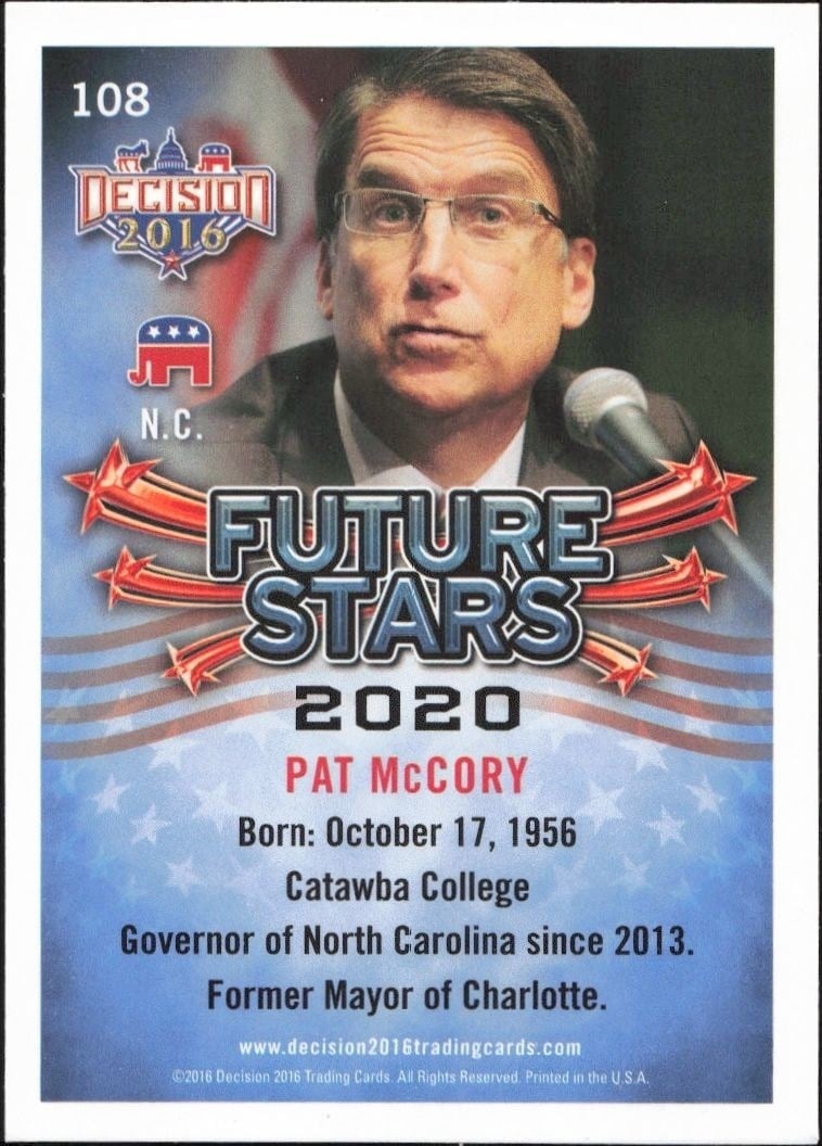 2016 Leaf Decision Pat McCrory #108 political trading card back