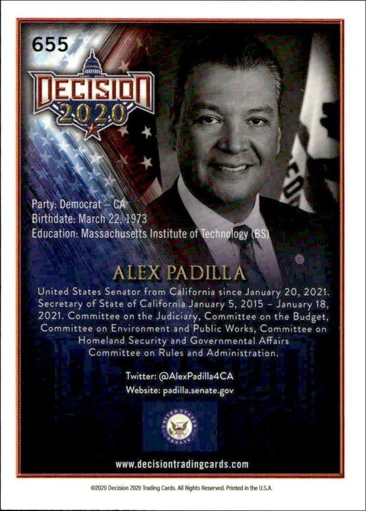 2020 Leaf Decision Series 2 Alex Padilla #655 other non-sport trading card back