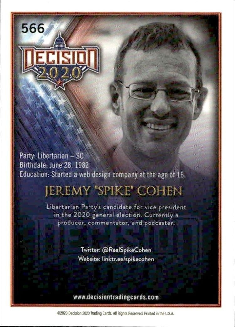 2020 Leaf Decision Series 2 Spike Cohen #566 other non-sport trading card back