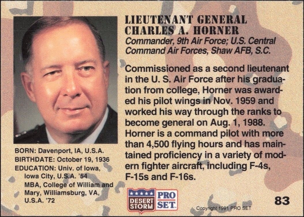 1991 Pro Set Desert Storm Lieutenant General Charles A. Horner #83 other non-sport trading card back