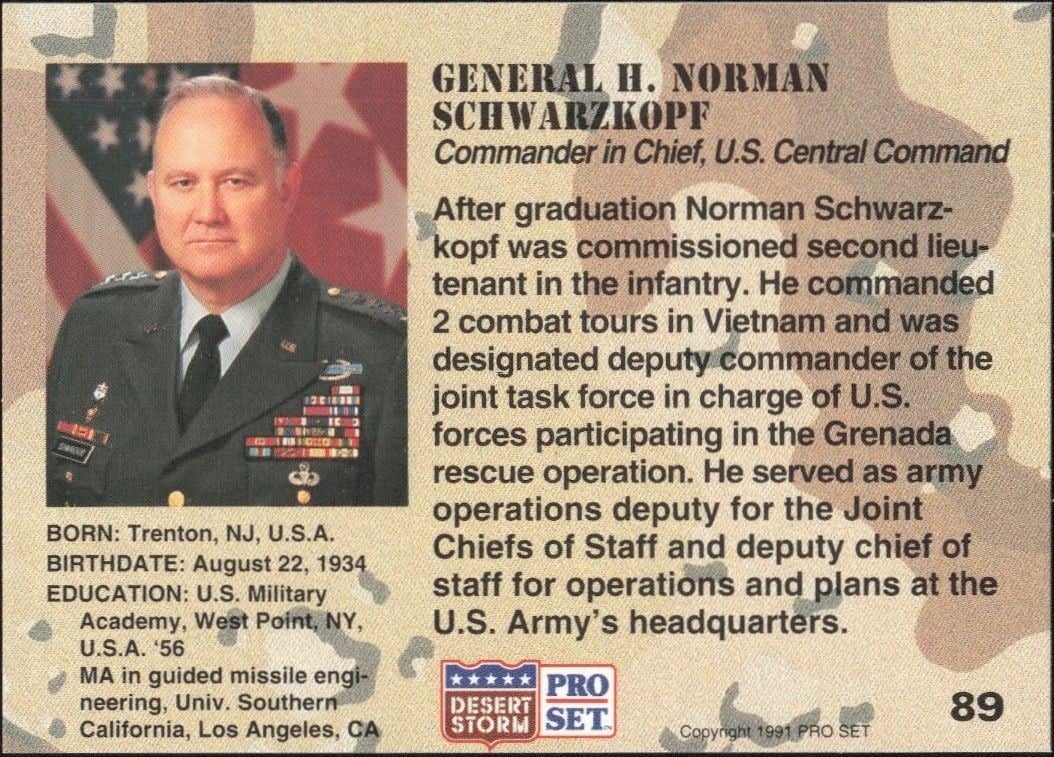1991 Pro Set Desert Storm General H. Norman Schwarzkopf #89 other non-sport trading card back
