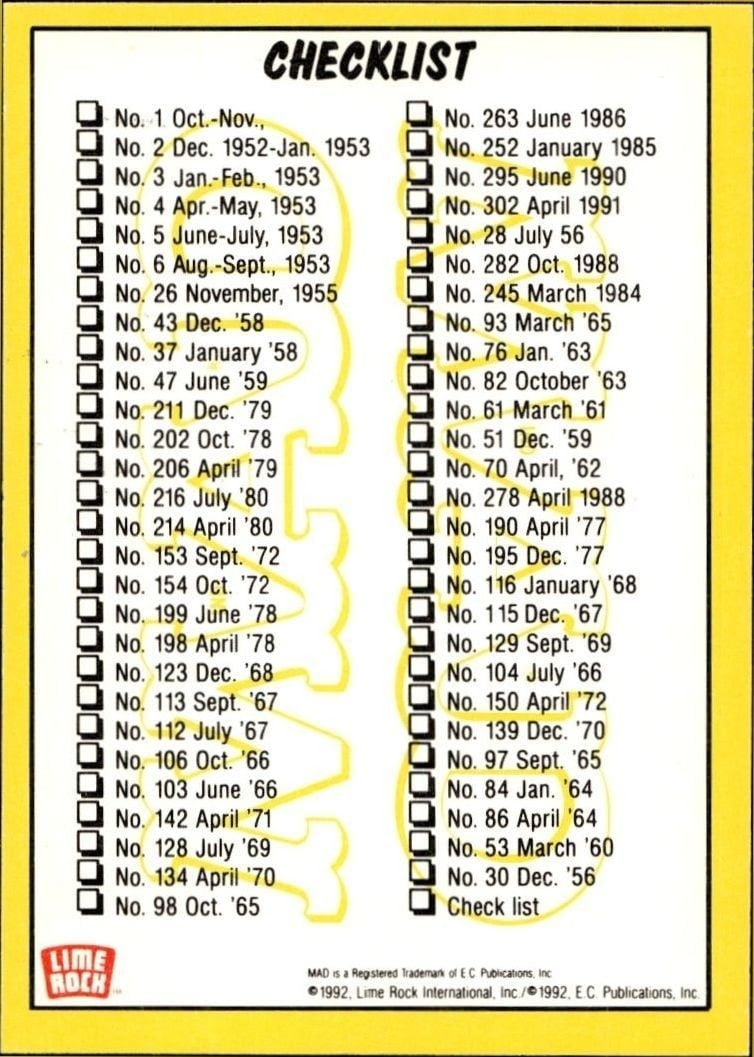 1992 Lime Rock Mad Magazine Mad No. 82 (October '63) #82 entertainment trading card back