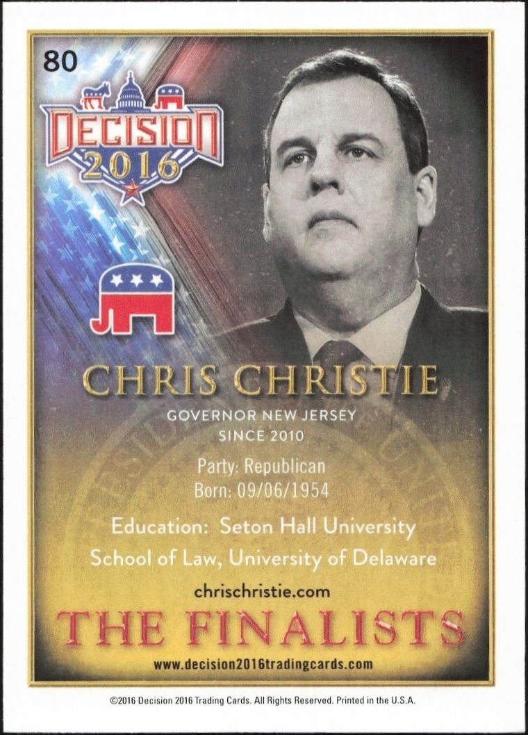 2016 Leaf Decision Chris Christie #80 political trading card back