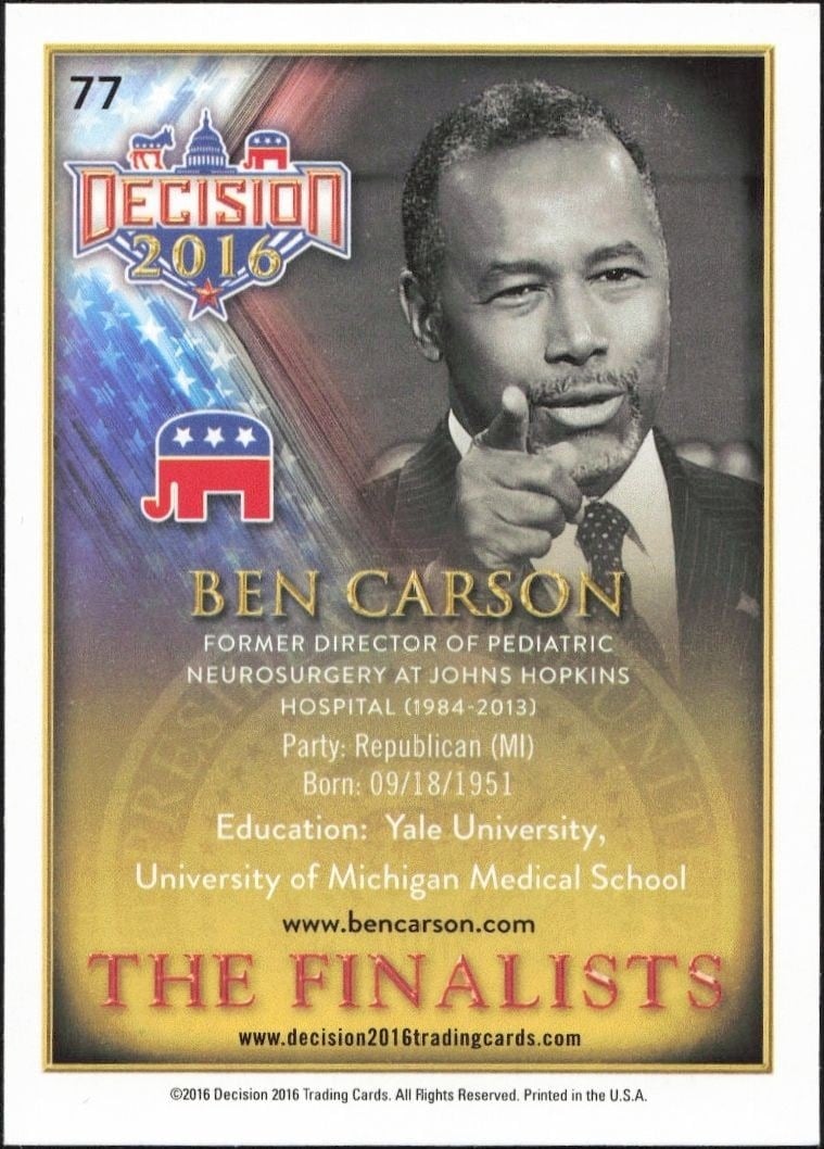 2016 Leaf Decision Ben Carson #77 political trading card back