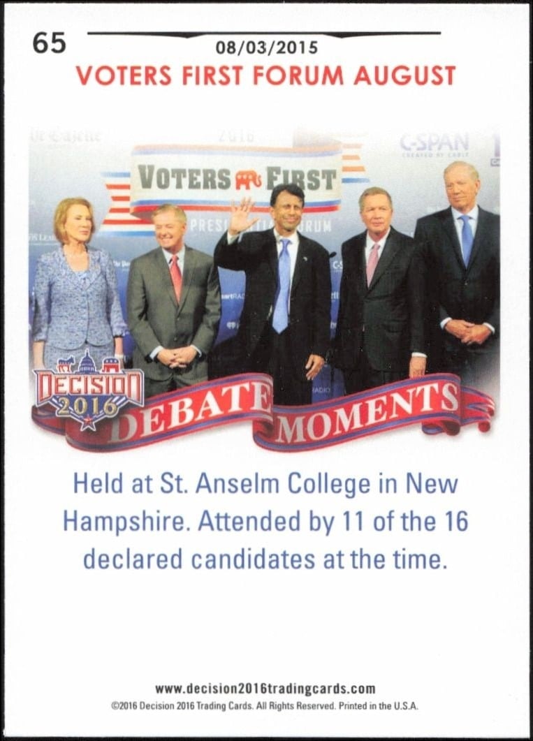 2016 Leaf Decision August 3, 2015 Debate #65 political trading card back