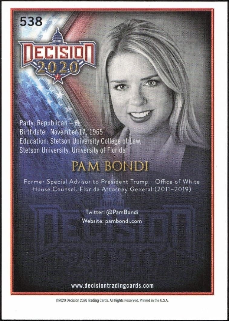 2020 Leaf Decision Series 2 Pam Bondi #538 political trading card back