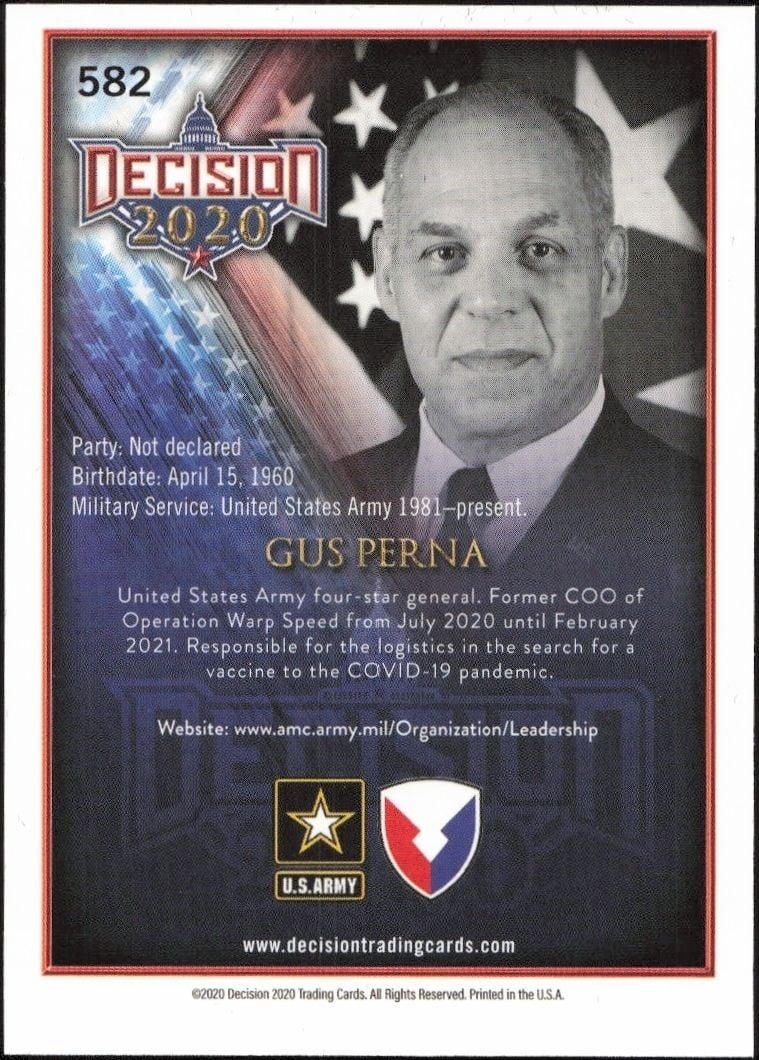 2020 Leaf Decision Series 2 Gus Perna #582 political trading card back