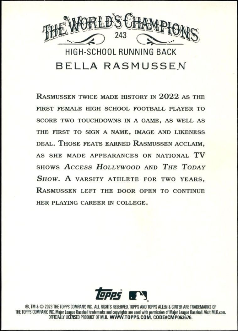 2023 Topps Allen & Ginter Bella Rasmussen #243 baseball trading card back