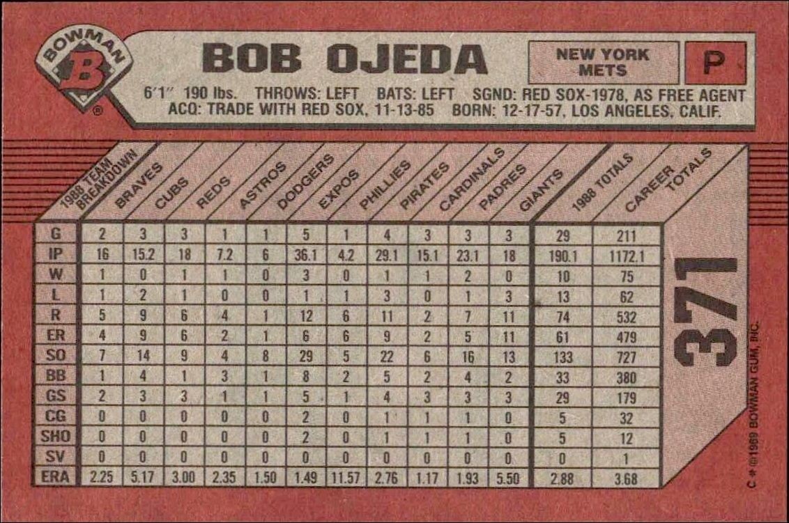 1989 Bowman Bob Ojeda #371 baseball trading card back