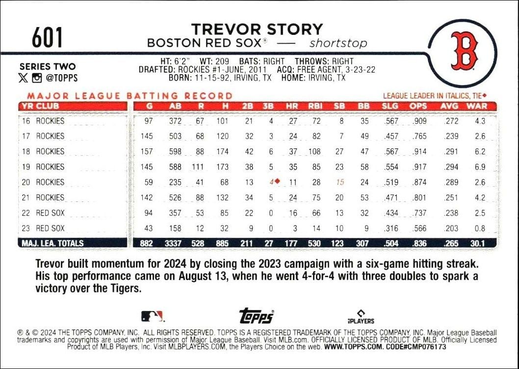 2024 Topps Series 2 Trevor Story #601 baseball trading card back