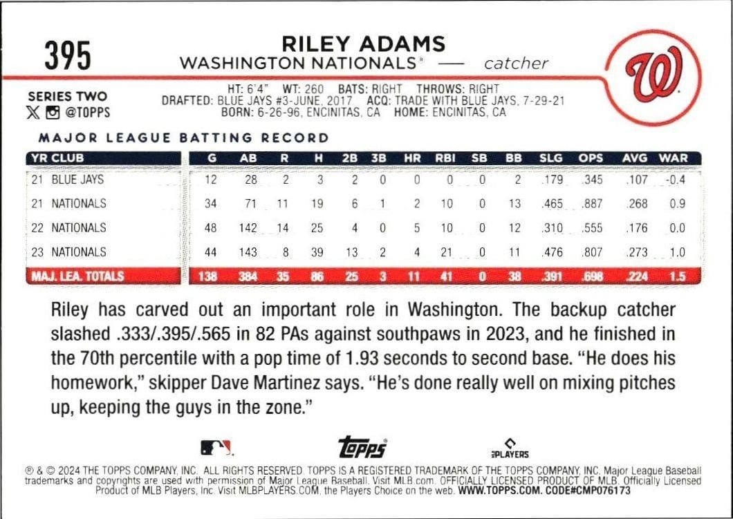 2024 Topps Series 2 Riley Adams #395 baseball trading card back