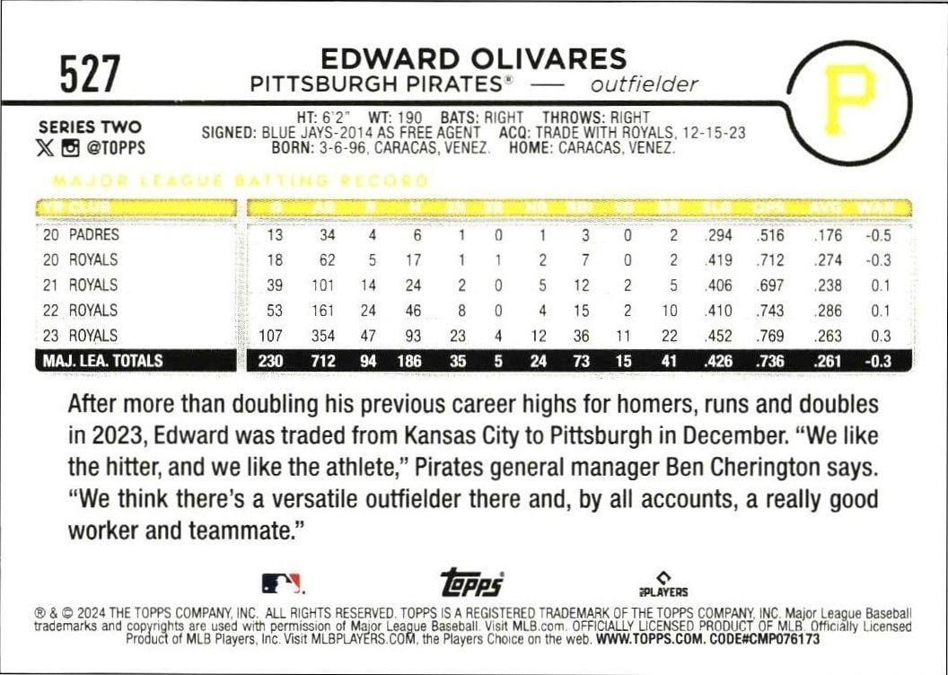 2024 Topps Series 2 Edward Olivares #527 baseball trading card back