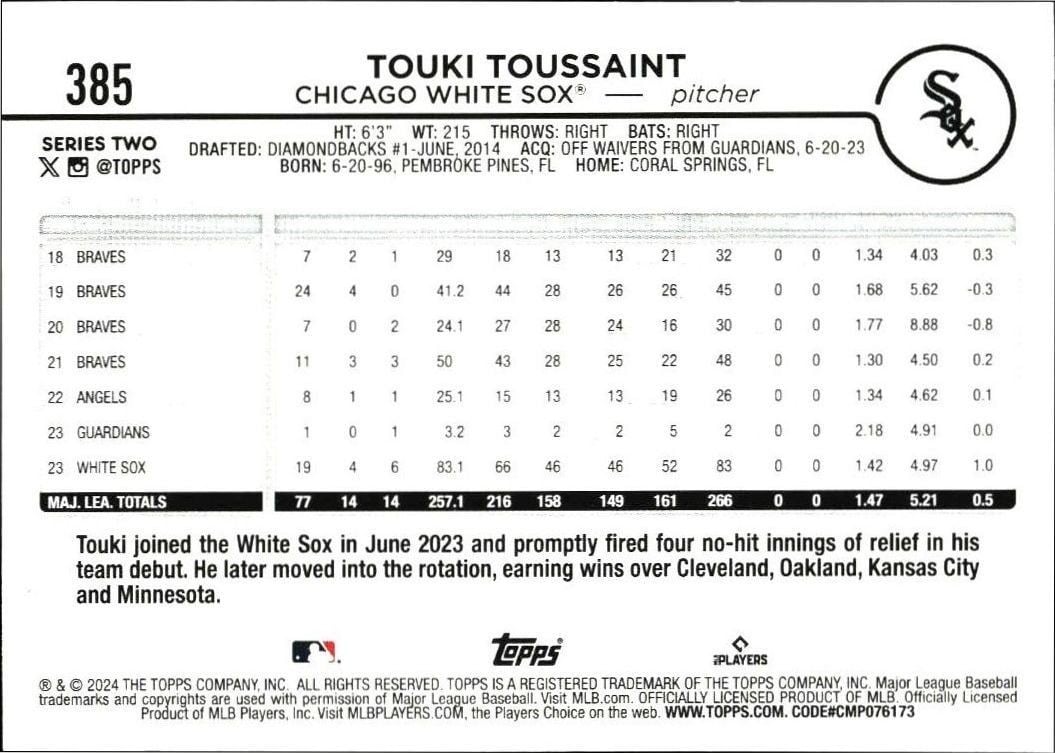 2024 Topps Series 2 Touki Toussaint #385 baseball trading card back