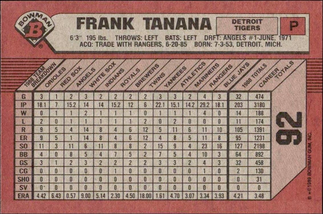 1989 Bowman Frank Tanana #92 baseball trading card back