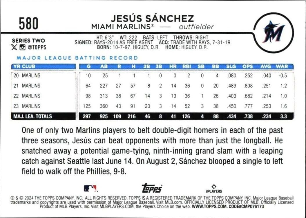 2024 Topps Series 2 Jesú Sánchez #580 baseball trading card back