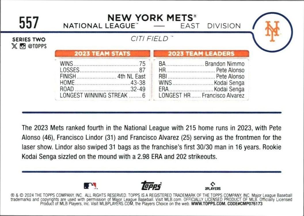 2024 Topps Series 2 New York Mets #557 baseball trading card back