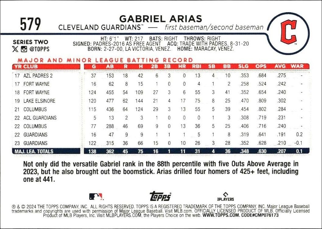 2024 Topps Series 2 Gabriel Arias #579 baseball trading card back