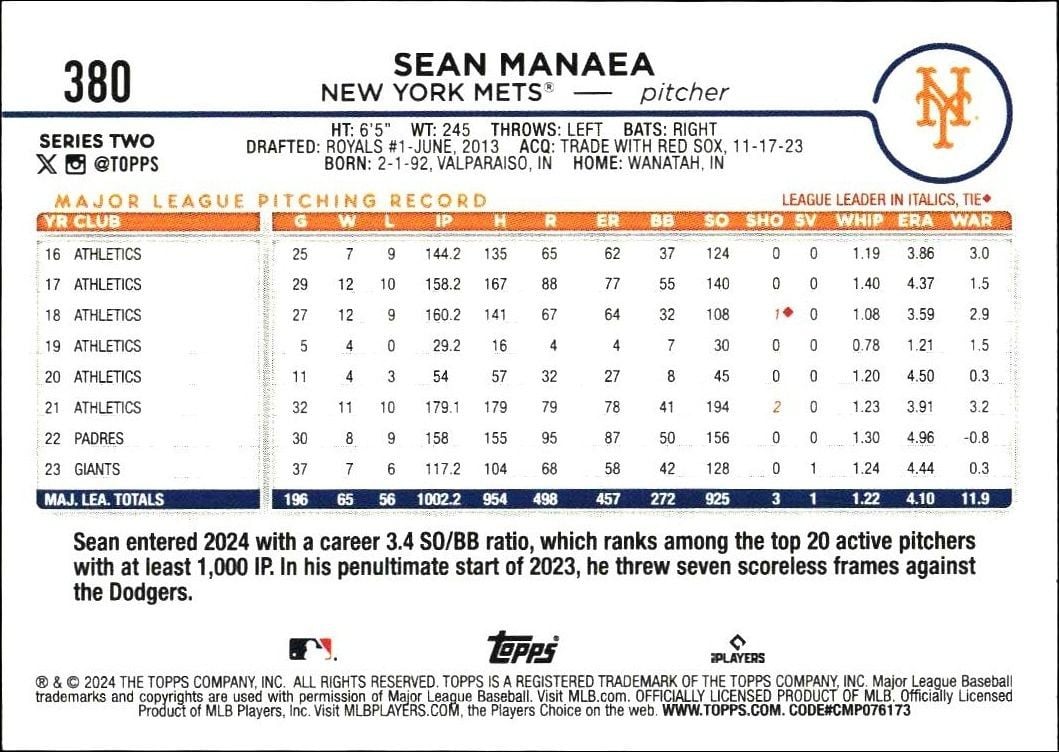 2024 Topps Series 2 Sean Manaea #380 baseball trading card back