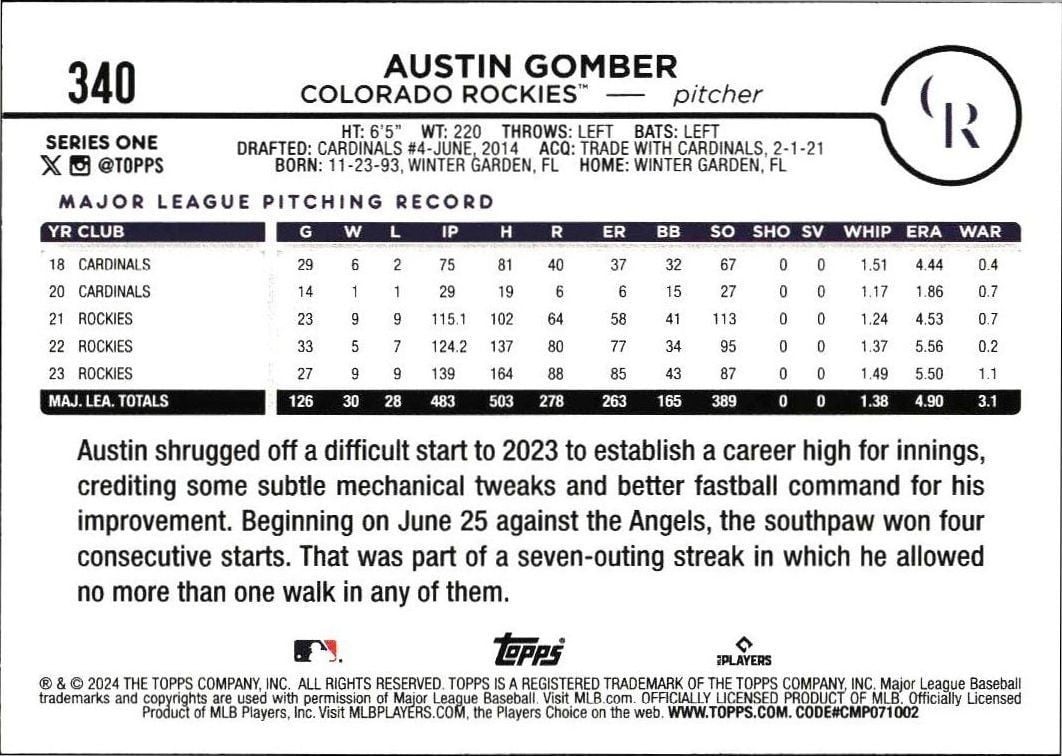 2024 Topps Austin Gomber #340 baseball trading card back