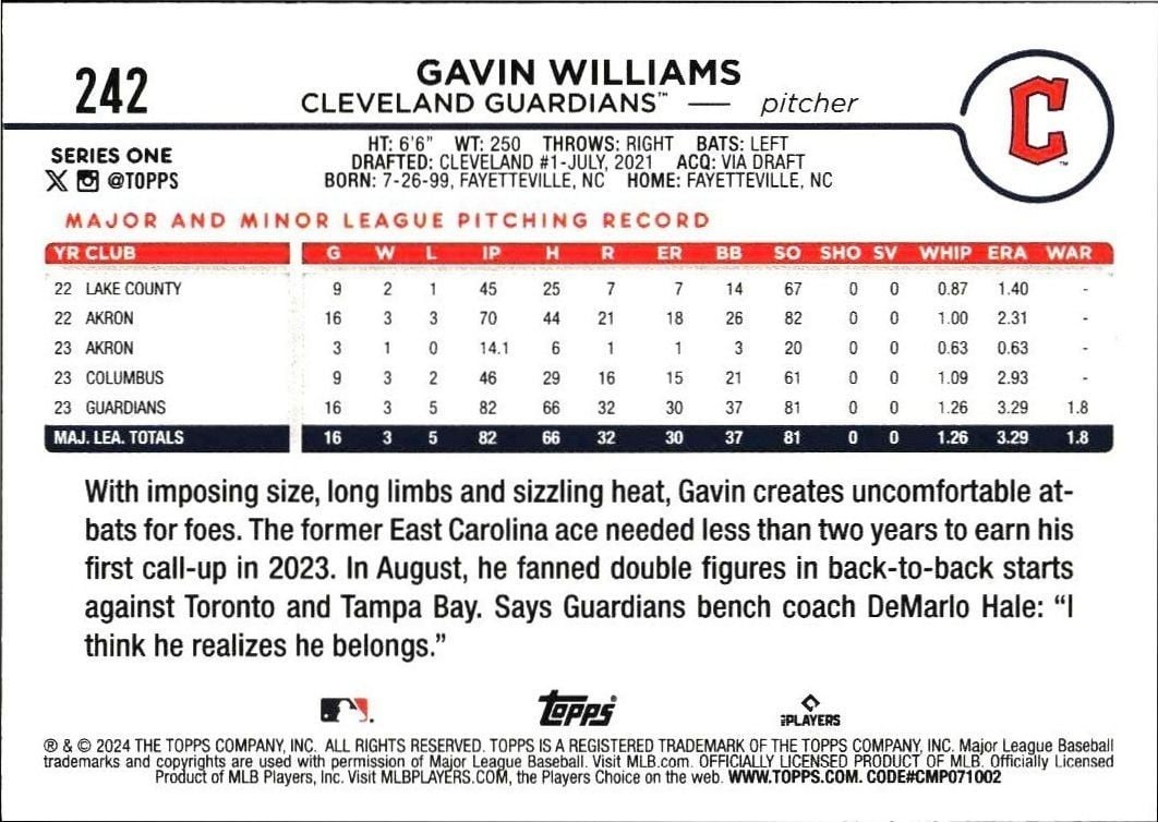 2024 Topps Gavin Williams #242 baseball trading card back