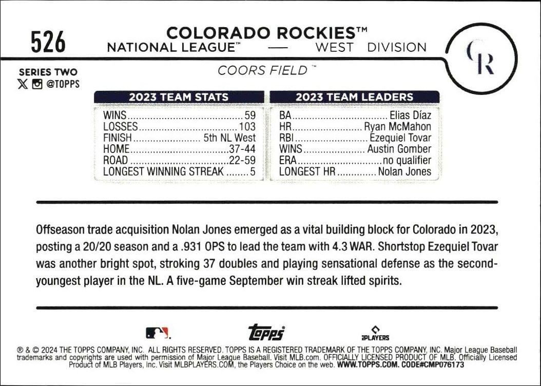 2024 Topps Series 2 Colorado Rockies #526 baseball trading card back