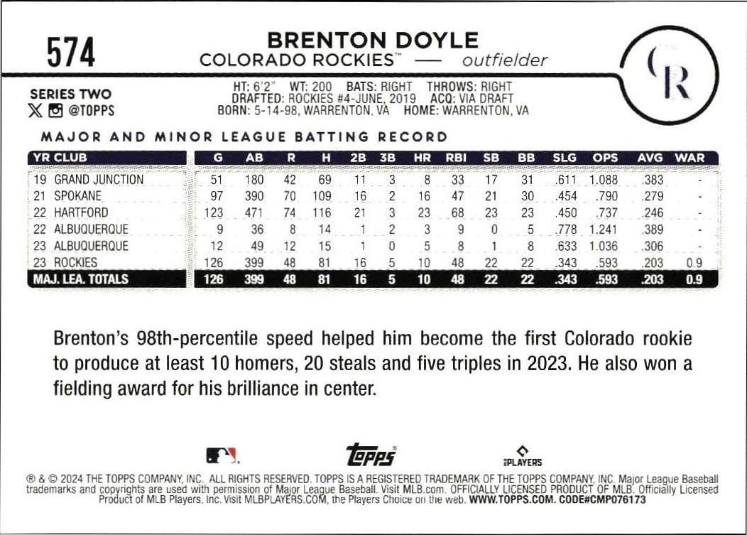 2024 Topps Series 2 Brenton Doyle #574 baseball trading card back