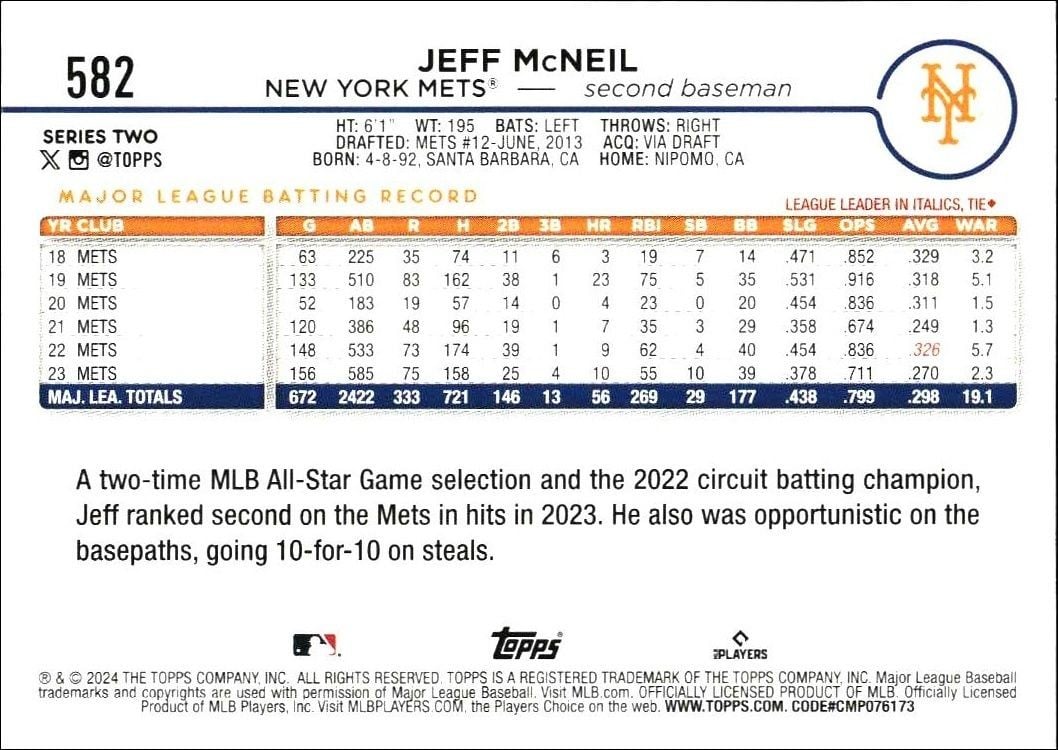 2024 Topps Series 2 Jeff McNeil #582 baseball trading card back