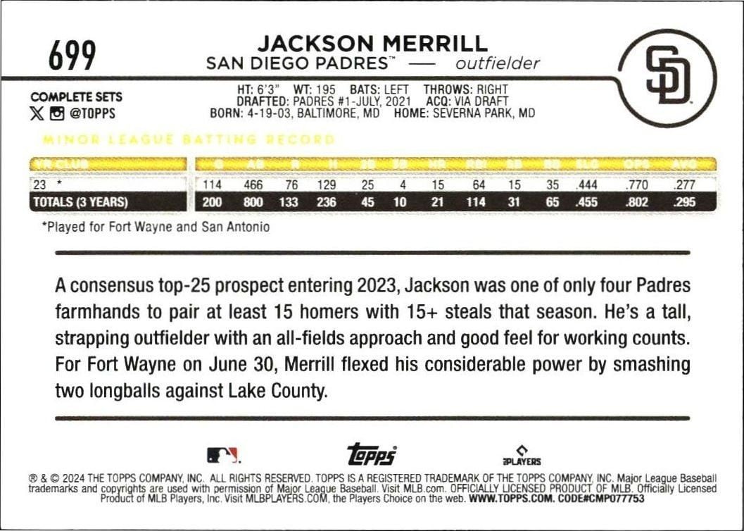 2024 Topps Complete Sets Jackson Merrill #699 baseball trading card back