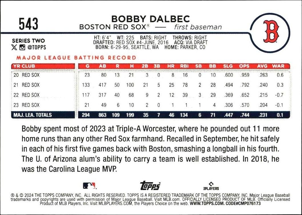 2024 Topps Series 2 Bobby Dalbec #543 baseball trading card back