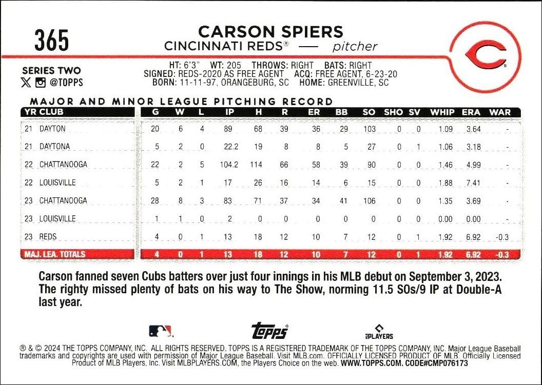 2024 Topps Series 2 Carson Spiers #365 baseball trading card back
